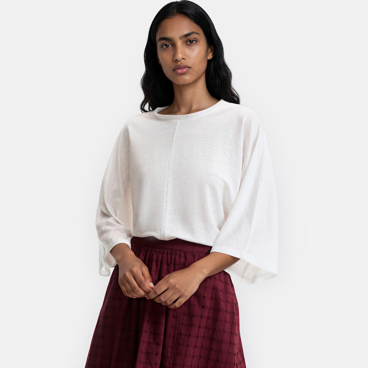 Linen Crew Neck Wide Sleeve T-Shirt white, LA REDOUTE COLLECTIONS