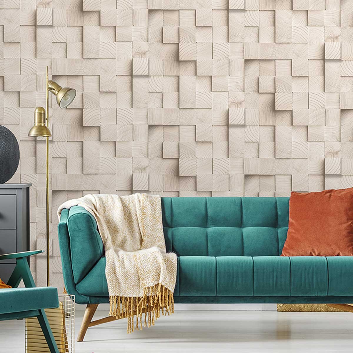 Papier peint cubes bois clair relief moderne beige, HEXOA