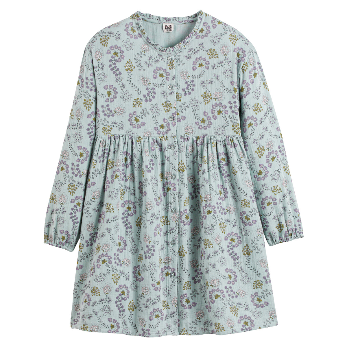 Floral Cotton Muslin Dress with Button Fastening light blue, LA REDOUTE COLLECTIONS