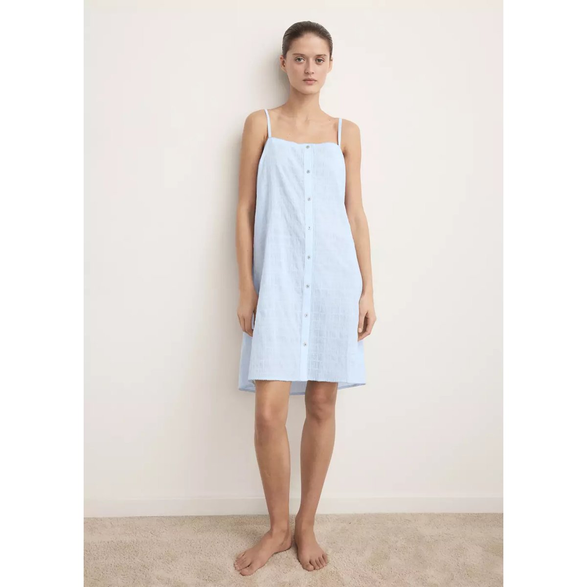 Chemise de nuit coton à bretelles bleu, MANGO