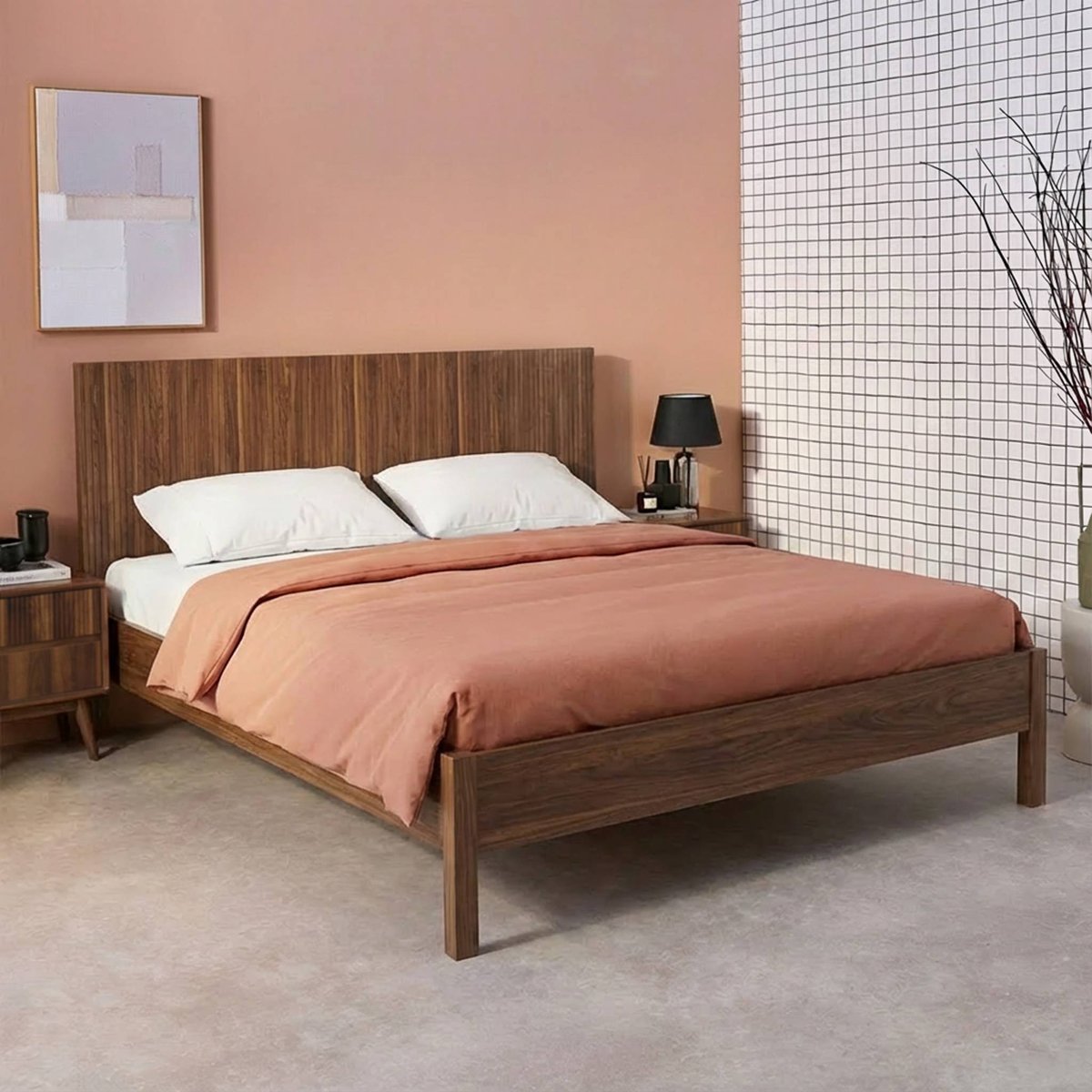 Lit avec sommier à lattes et tête de lit 160x200cm décor bois LINEAR noyer, SWEEEK