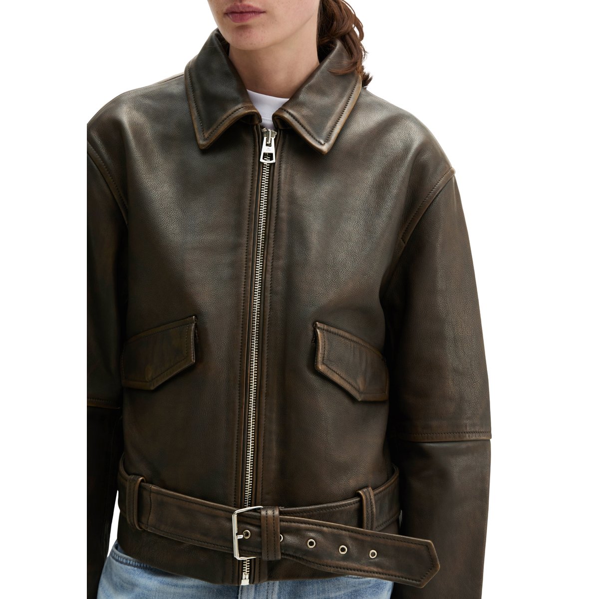Veste en cuir relaxed en cuir d'agneau doux à l'aspect vintage marron foncé, MARC O'POLO