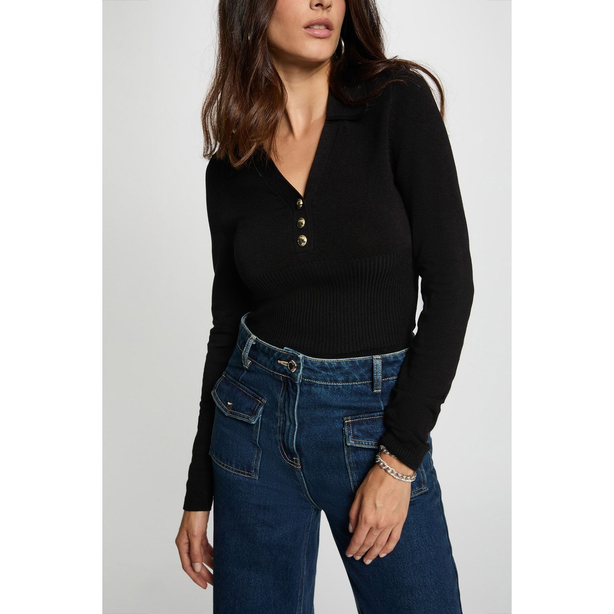 Pull ajusté col polo noir, MORGAN