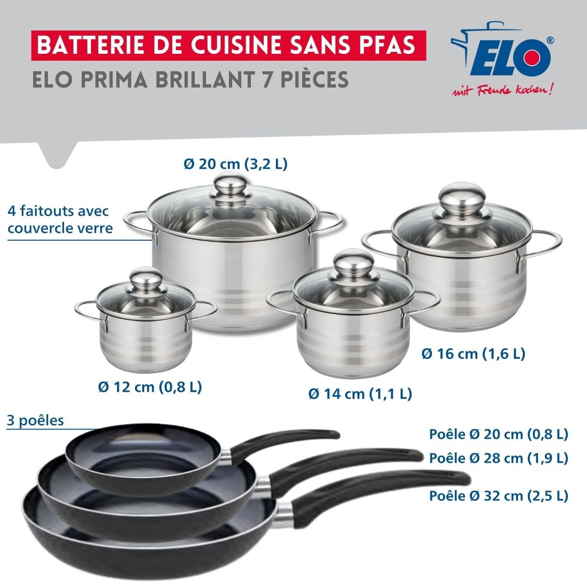 3 poêles 20/28/32cm + 4 faitouts 12/14/16/20cm PRIMA BRILLANT noir, ELO