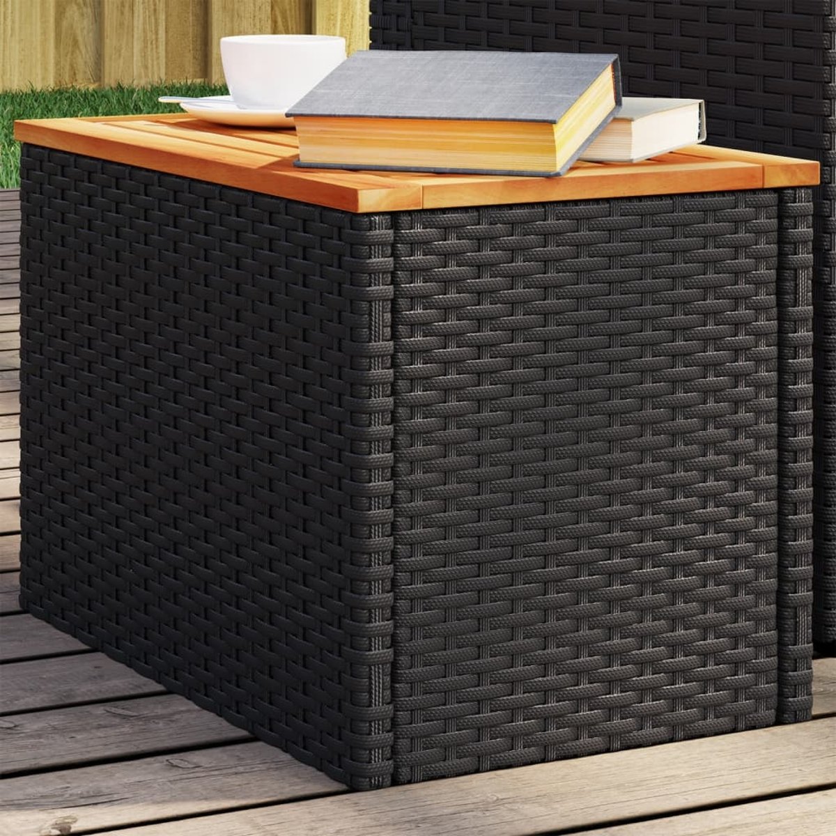 Lot de 2 tables d’appoint de jardin en résine tressée et bois noir, HOME MAISON