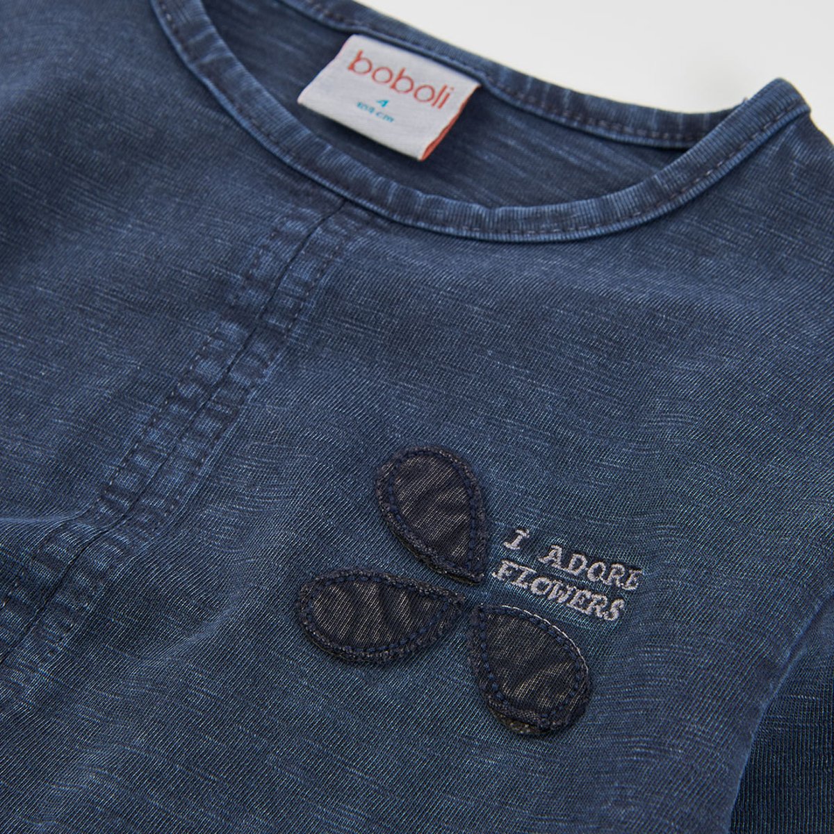 T-shirt fille en maille broderie fleurs bleu, BOBOLI