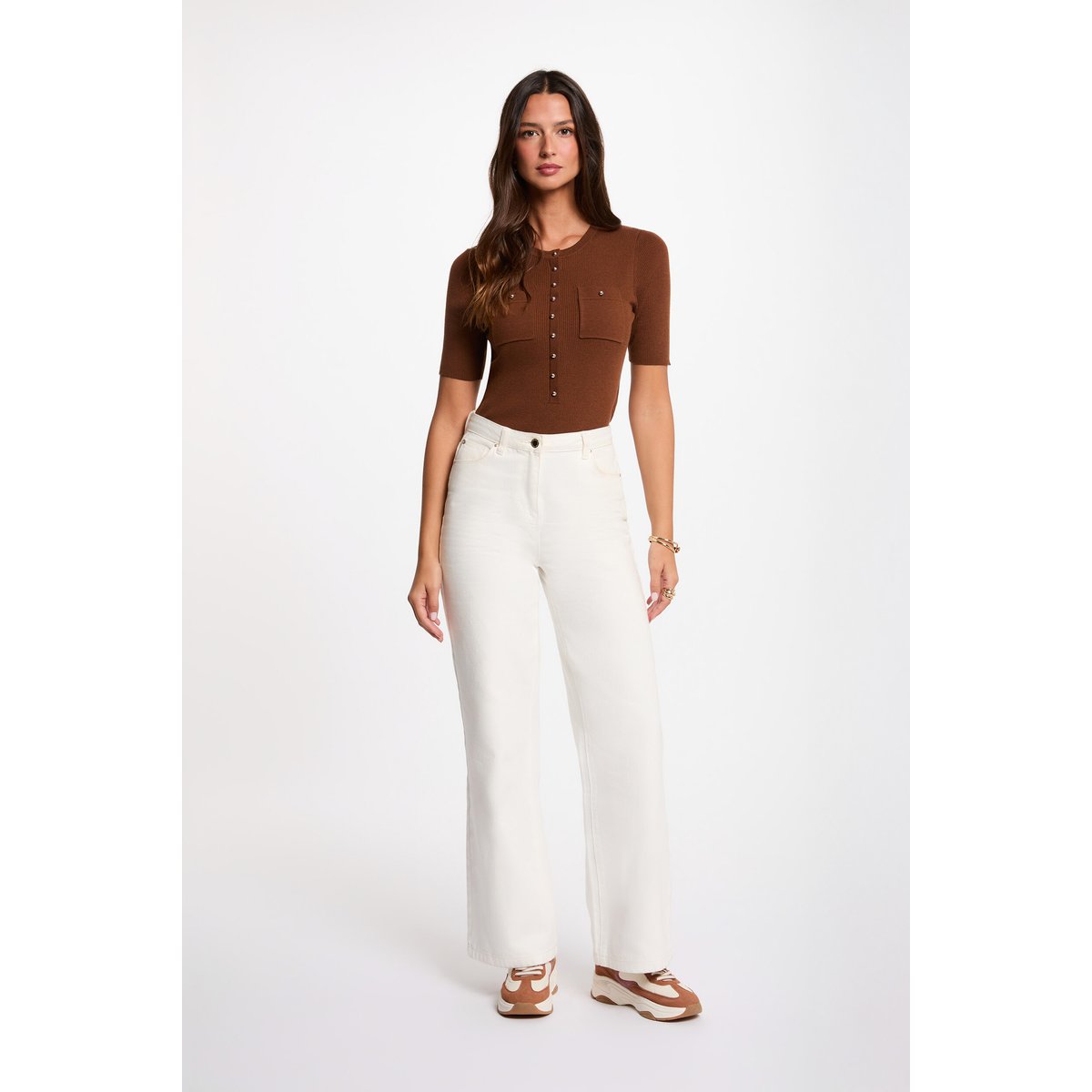 Pull col rond manches courtes marron chocolat, MORGAN