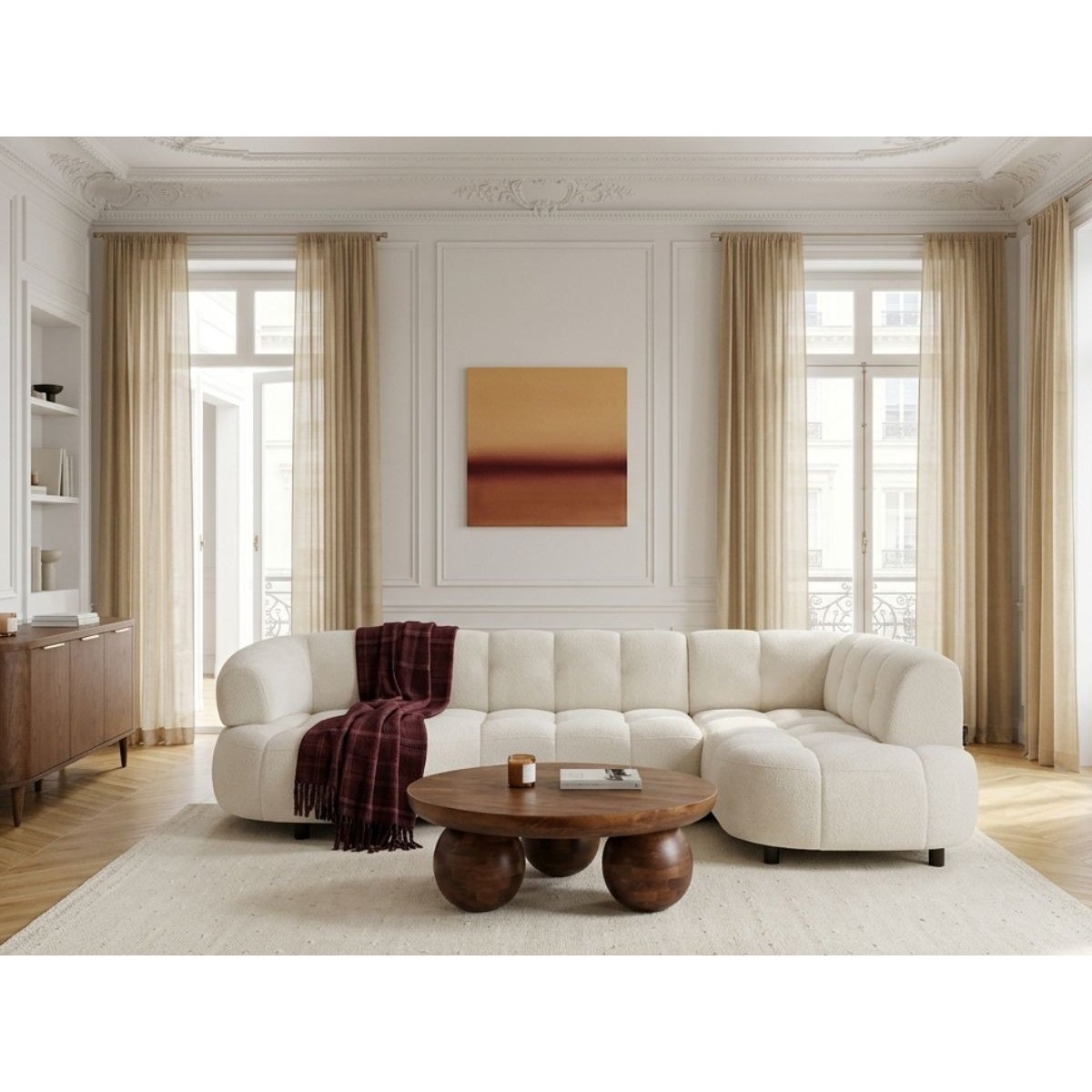 Canapé d'angle convertible 3 places en tissu lisse, LOVELY beige, BOBOCHIC