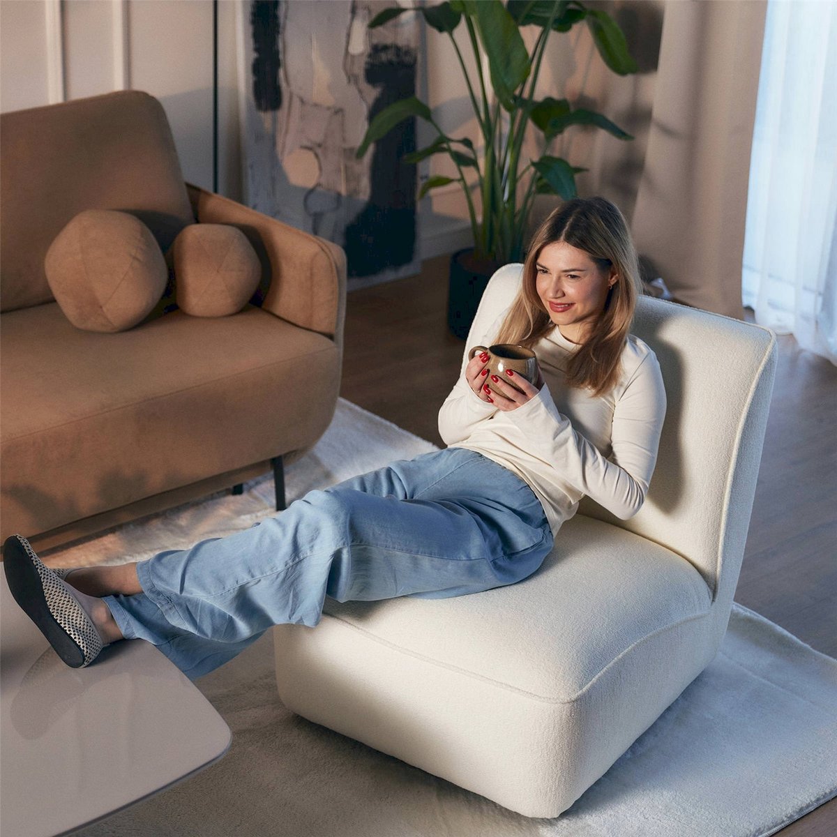 Fauteuil lounge tissu chenille collection MITERTE crème, RECOLLECTION