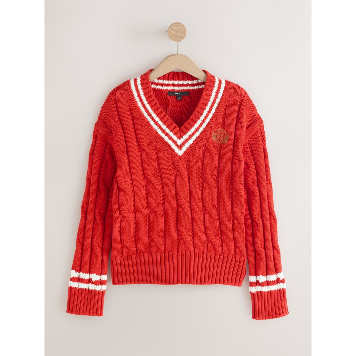 Pull en maille de coton torsadée à col v pointes rouges, NEXT