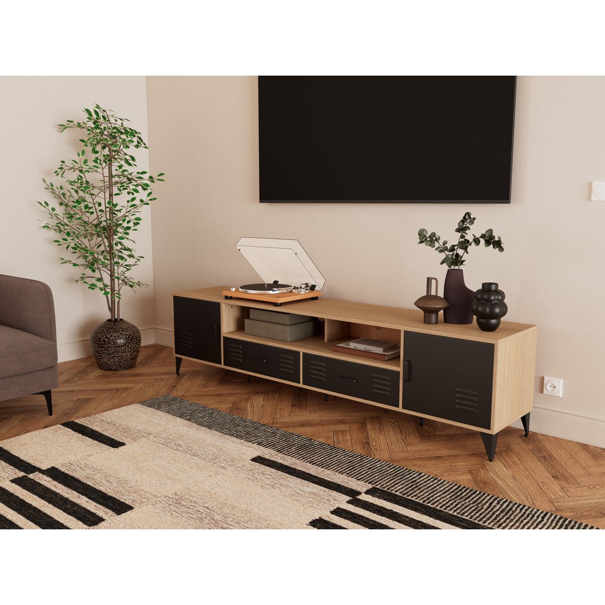 Meuble TV - TRIBECA bois / noir, LISA DESIGN