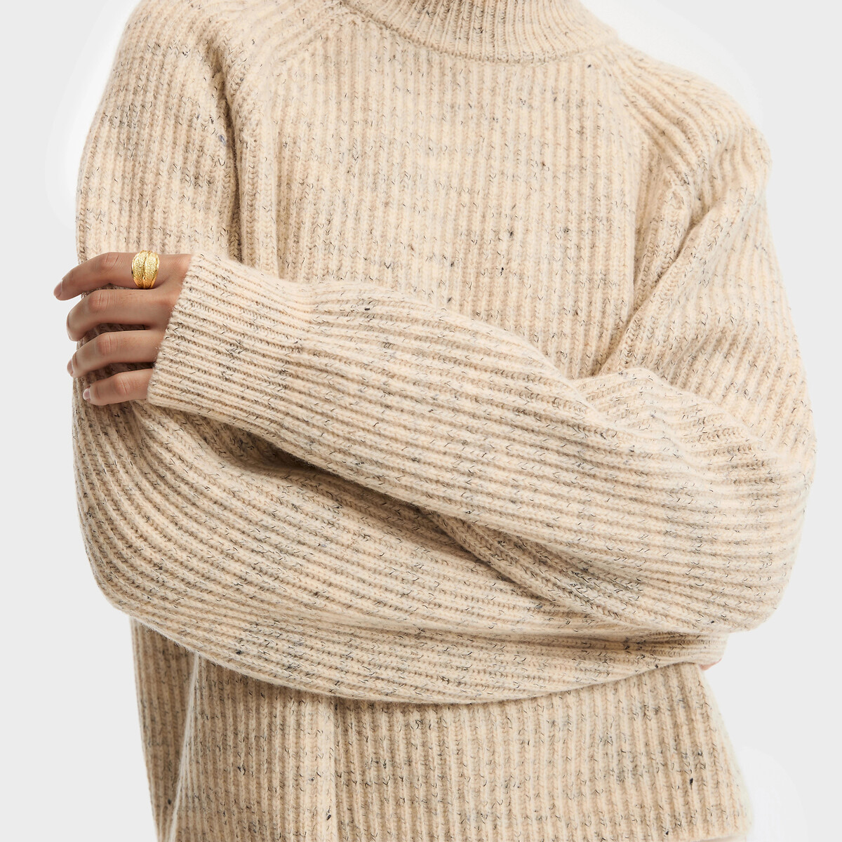 Pull col rond côtelé, en laine mélangée chinée ecru, LA REDOUTE COLLECTIONS