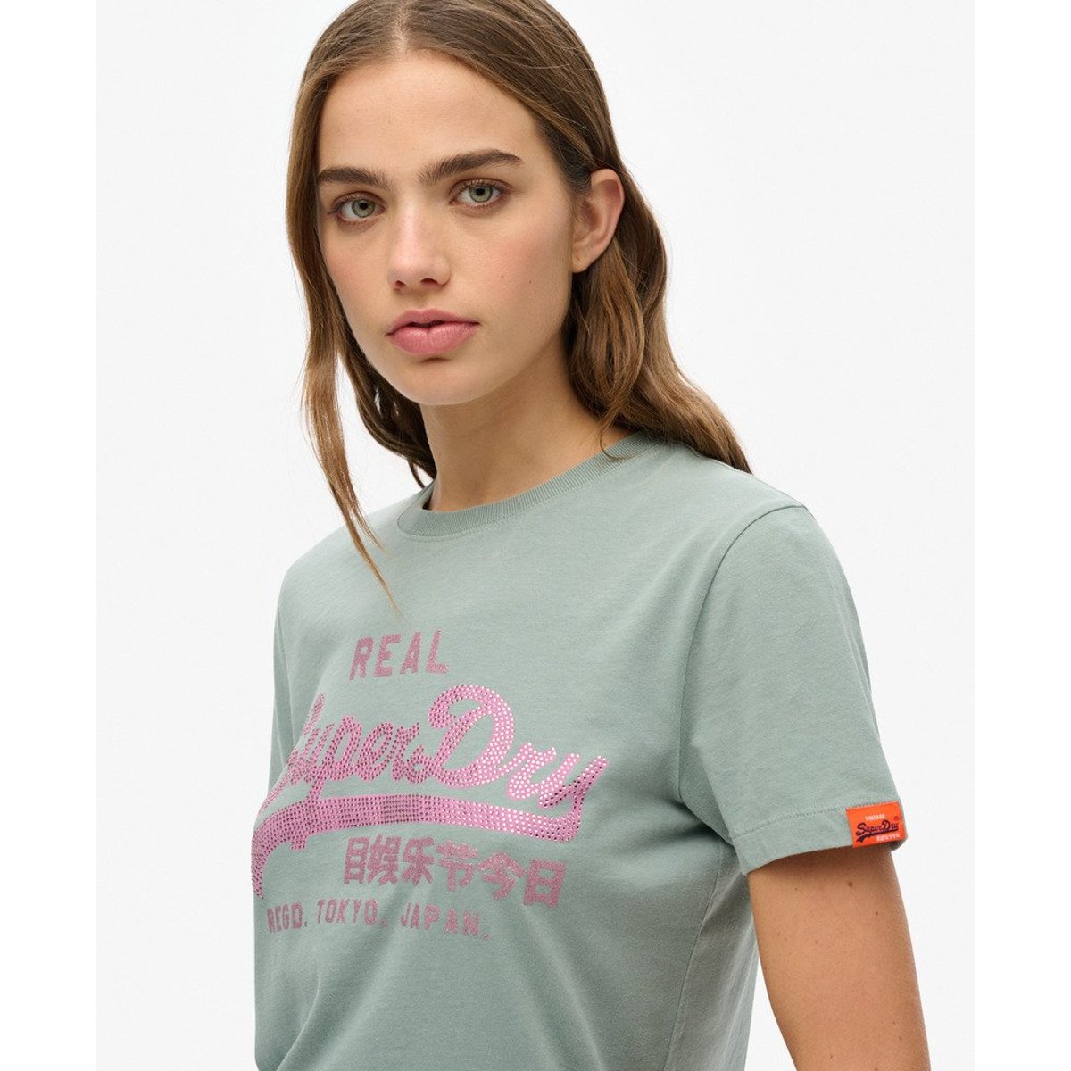 T-shirt slim à strass Vintage Logo bleu argent, SUPERDRY