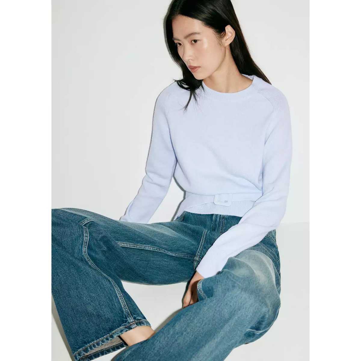 Pull en jersey avec ceinture à boucle bleu ciel, MANGO