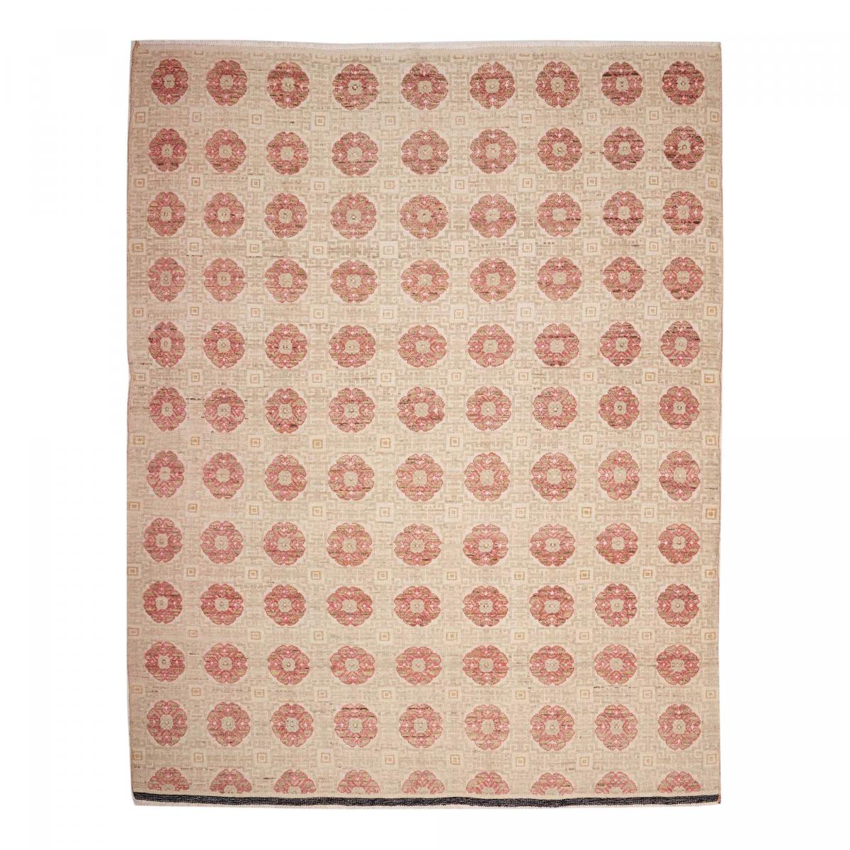 Tapis salon, motif nature floral, artisanal noué main en laine beige, crème, rose, UN AMOUR DE TAPIS