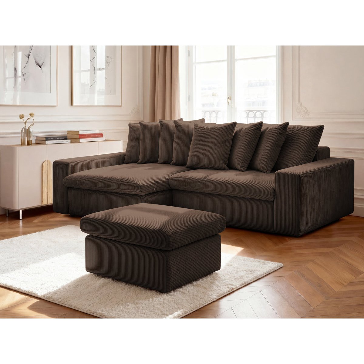 Canapé d'angle fixe 3 places en velours côtelé avec pouf, ENORE marron, BOBOCHIC