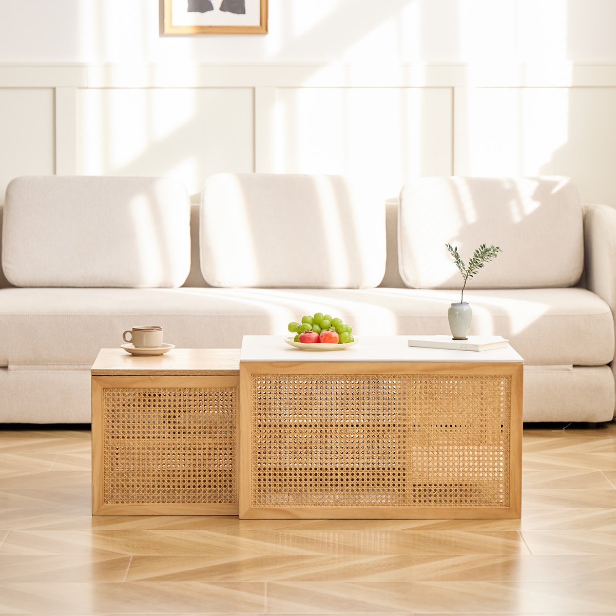 Lot de 2 tables basses gigognes, rotin, TROMSO coloris naturel, NORDLYS