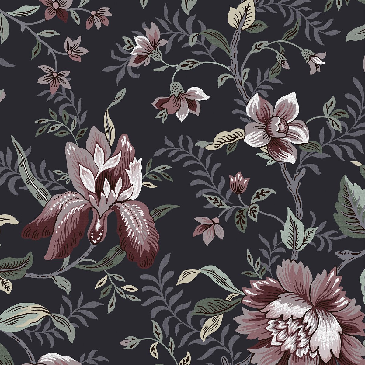 Papier peint Fleurs du jardin d'Edith pourpre, vert, gris, LAURA ASHLEY