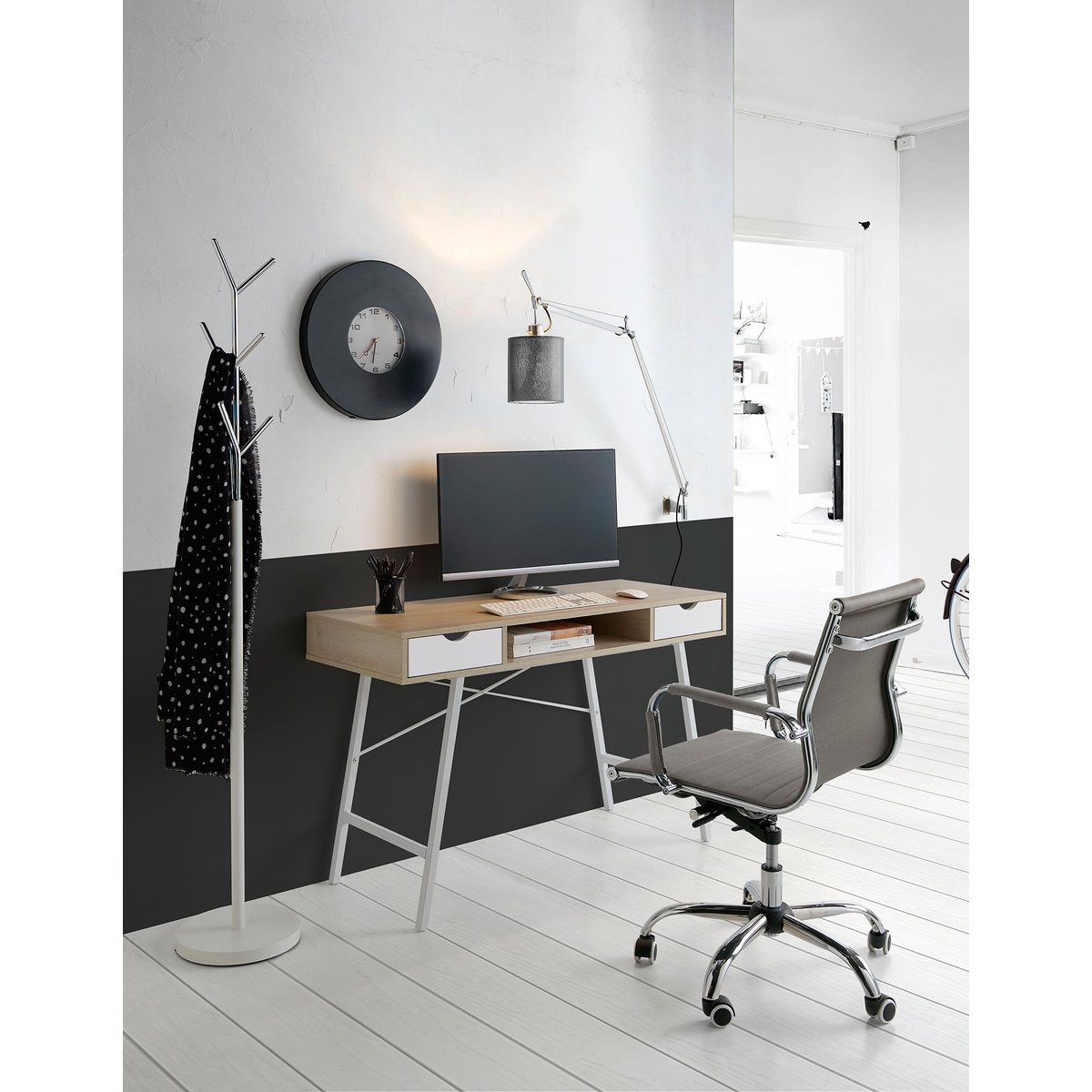 Bureau en placard et métal 2 tiroirs, MOMENT chêne clair-blanc, HISPANOHOGAR