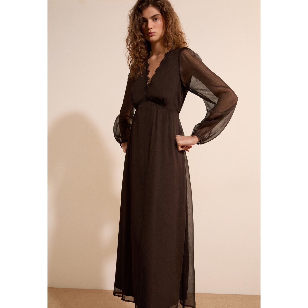 Robe midi col V BABELLE chocolat, ETAM