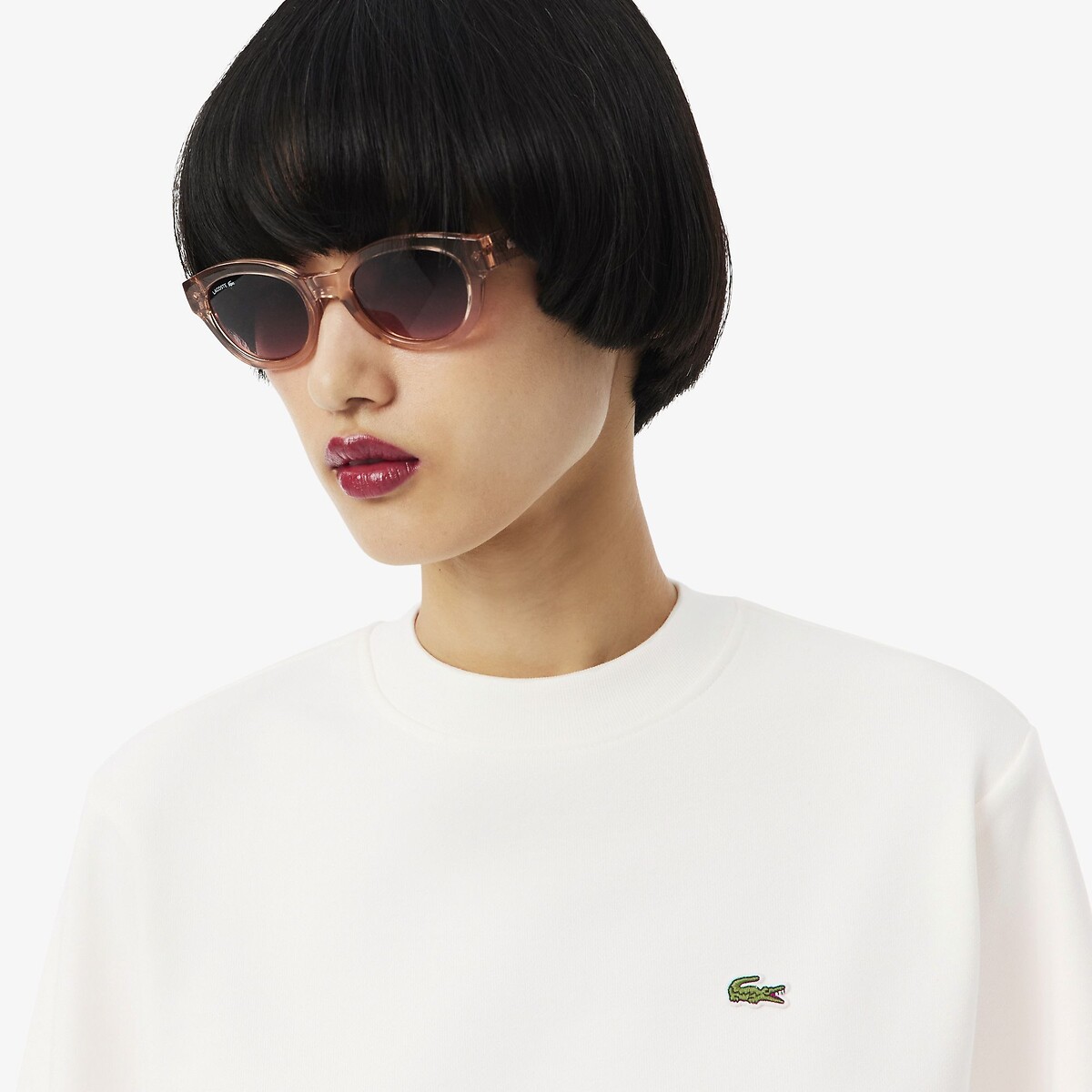 Felpa girocollo con logo ecru , LACOSTE
