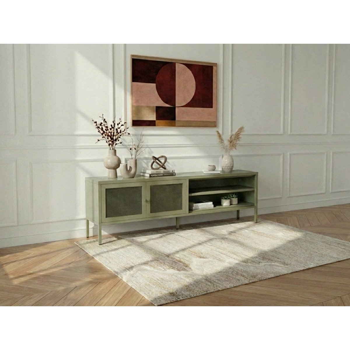 Meuble TV 160 cm métal, CLARA vert, BOBOCHIC