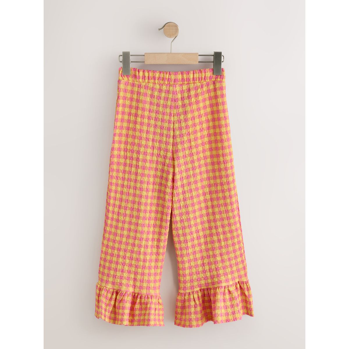 Pantalon texturé avec volants sur l’ourlet vichy rose et jaune, NEXT