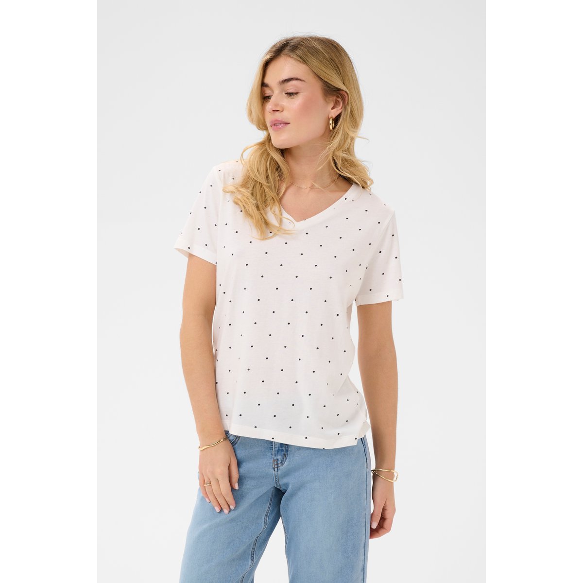 T-shirt à manches courtes blanc white w. black dots, CREAM