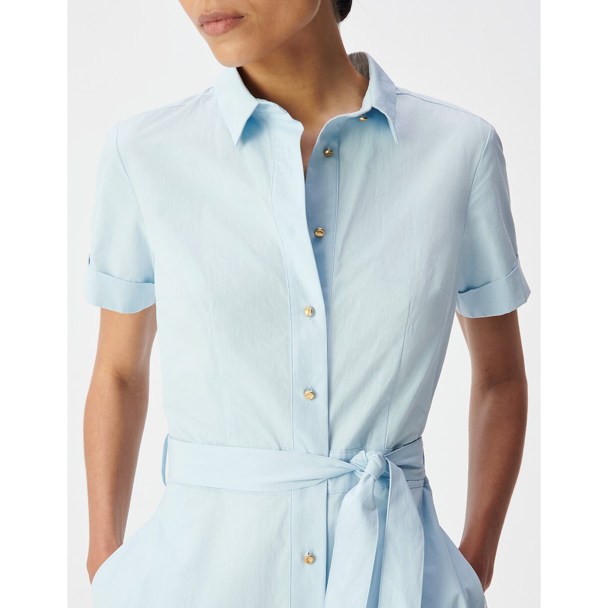 Abito camicia midi con cintura a maniche corte blu chambray, IKKS