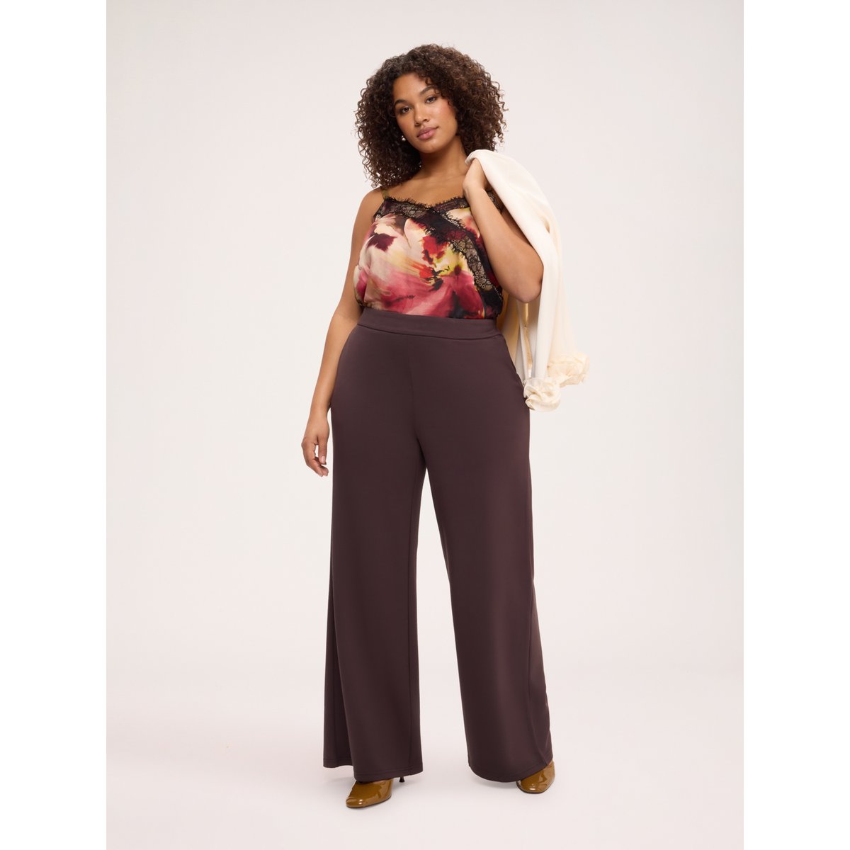 Top avec imprimé floral et dentelle beige, FIORELLA RUBINO