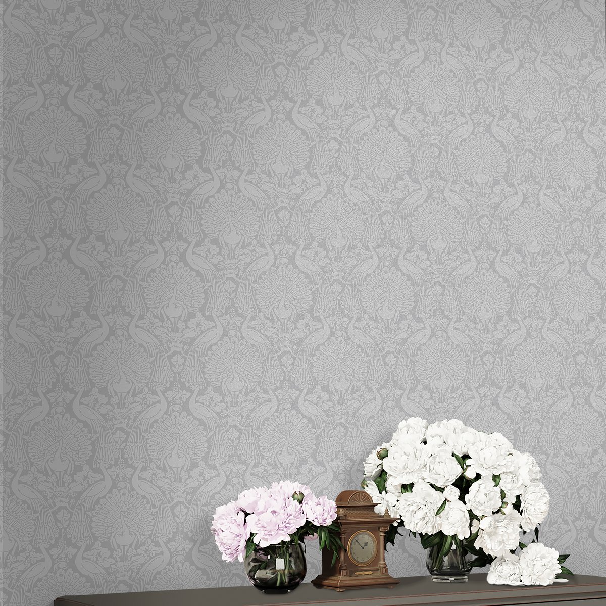 Papier peint Damassé Paons Slate gris, LAURA ASHLEY