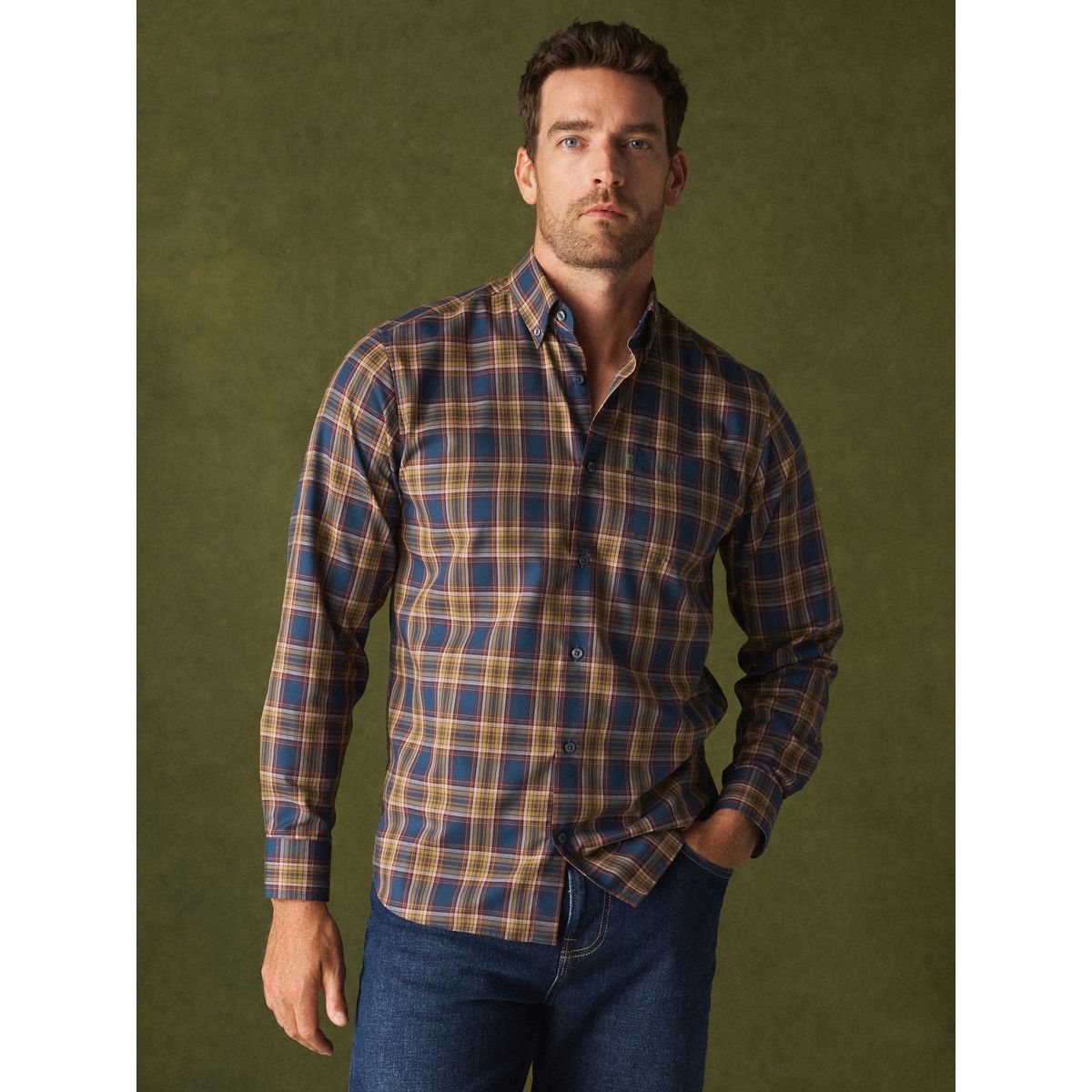 Chemise oxford standard boutonnée carreaux bleu marine/jaune, NEXT