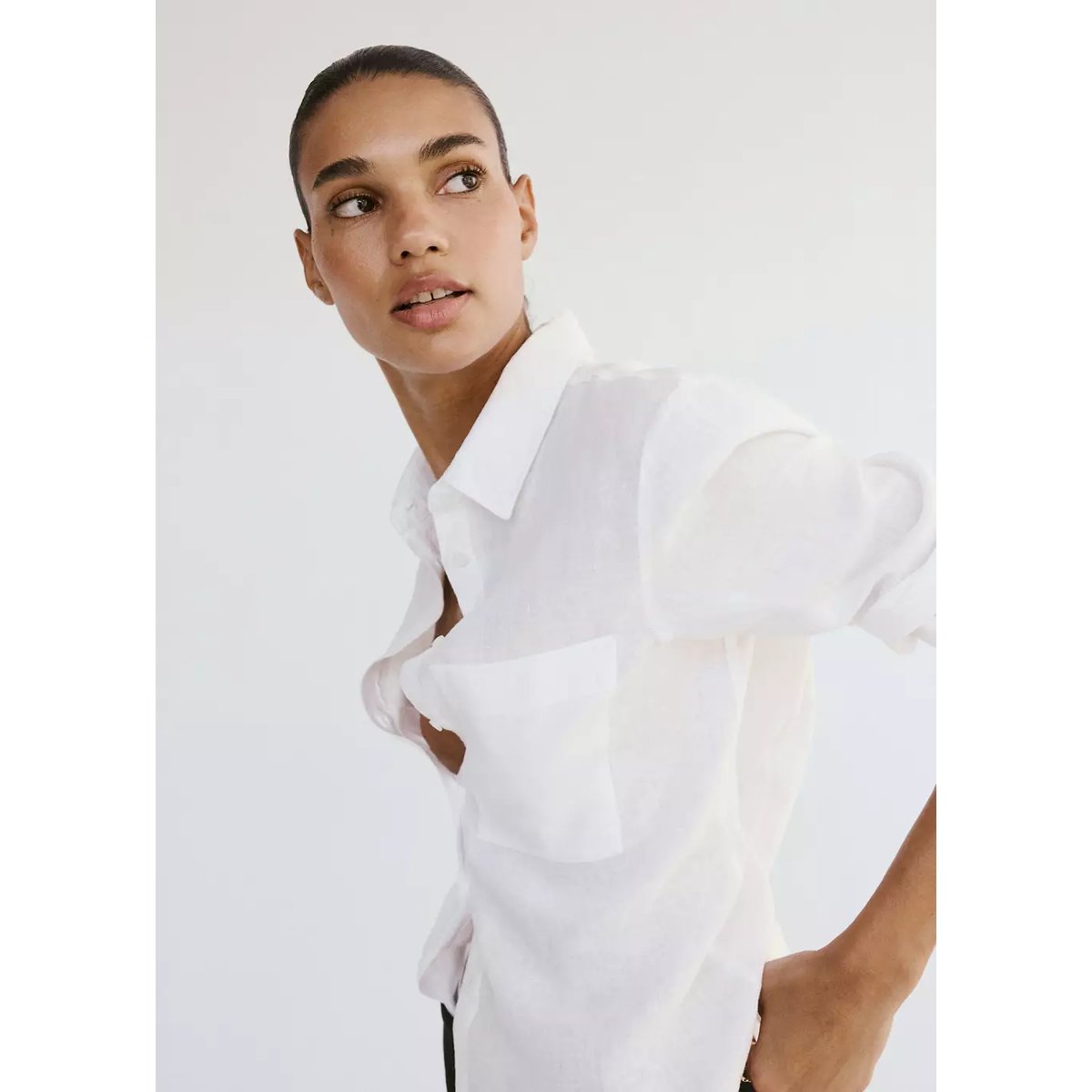 Chemise lin poche blanc cassé, MANGO