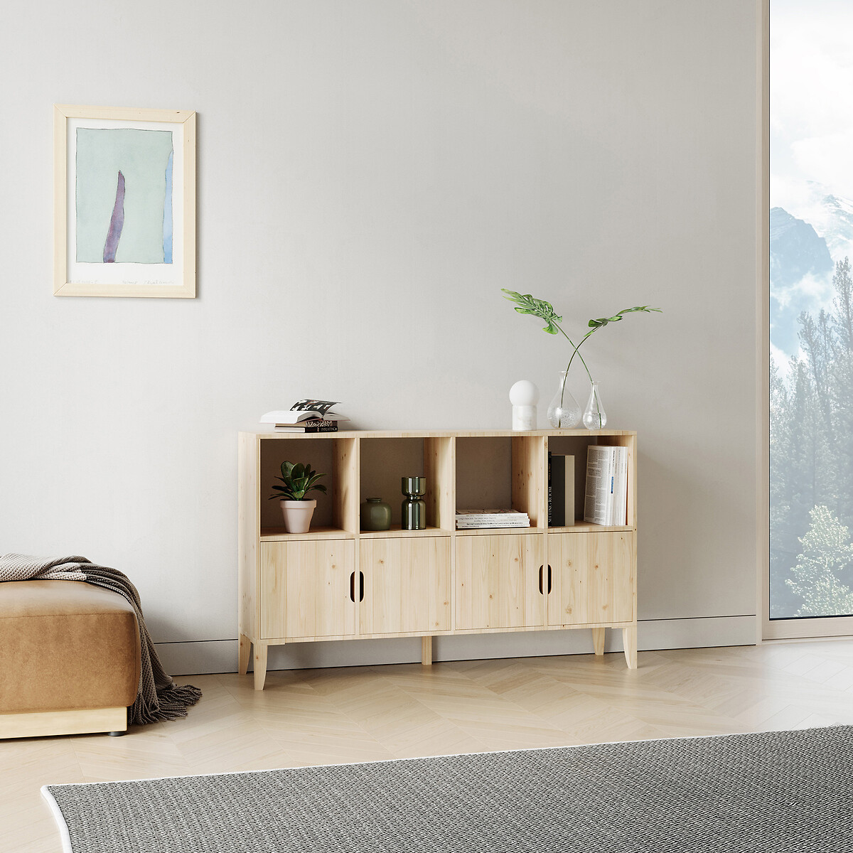 Etagère pin massif - Germain 4X2 - avec 4 portes et piètement bois clair, EUROPE & NATURE