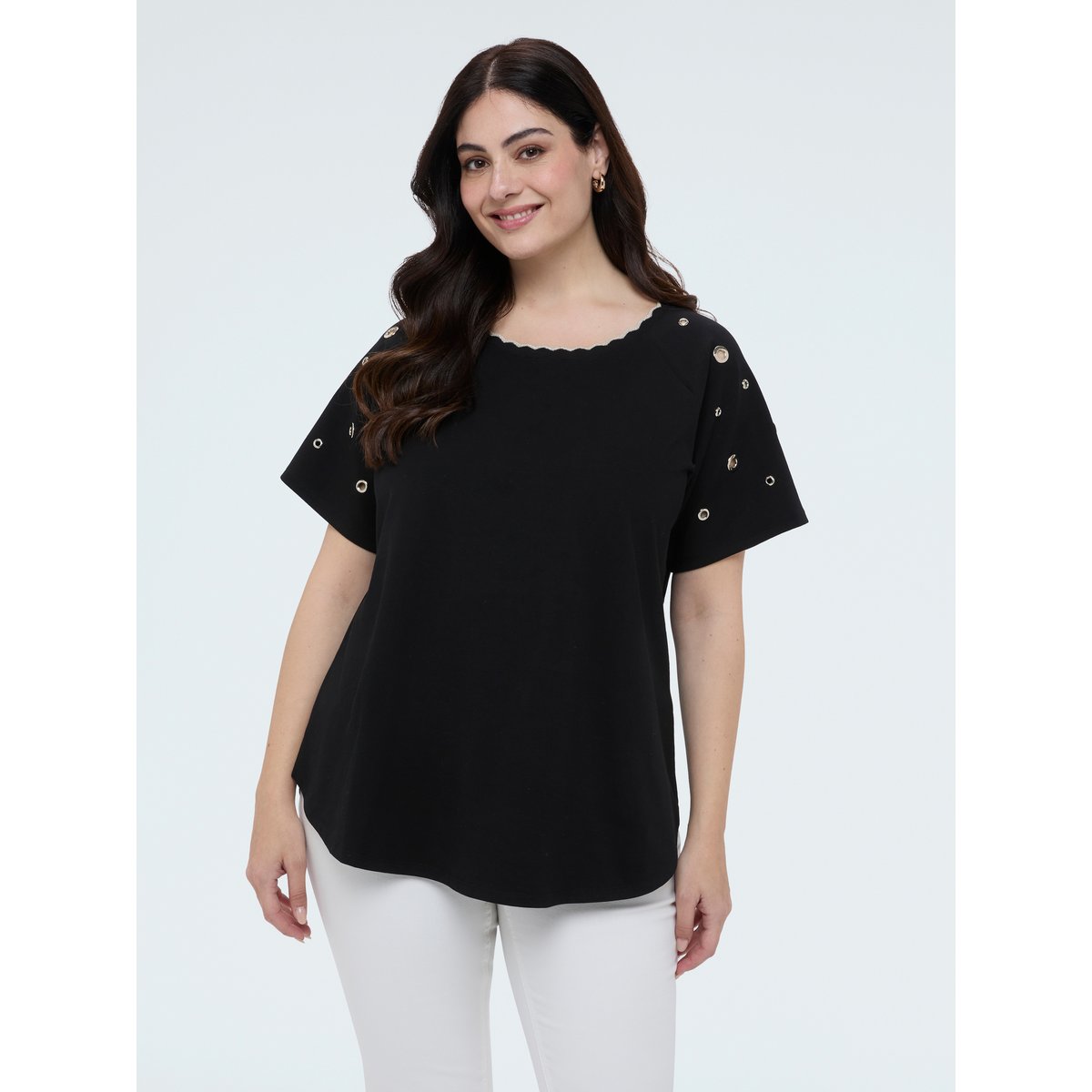 T-shirt avec encolure festonnée et œillets noir, FIORELLA RUBINO