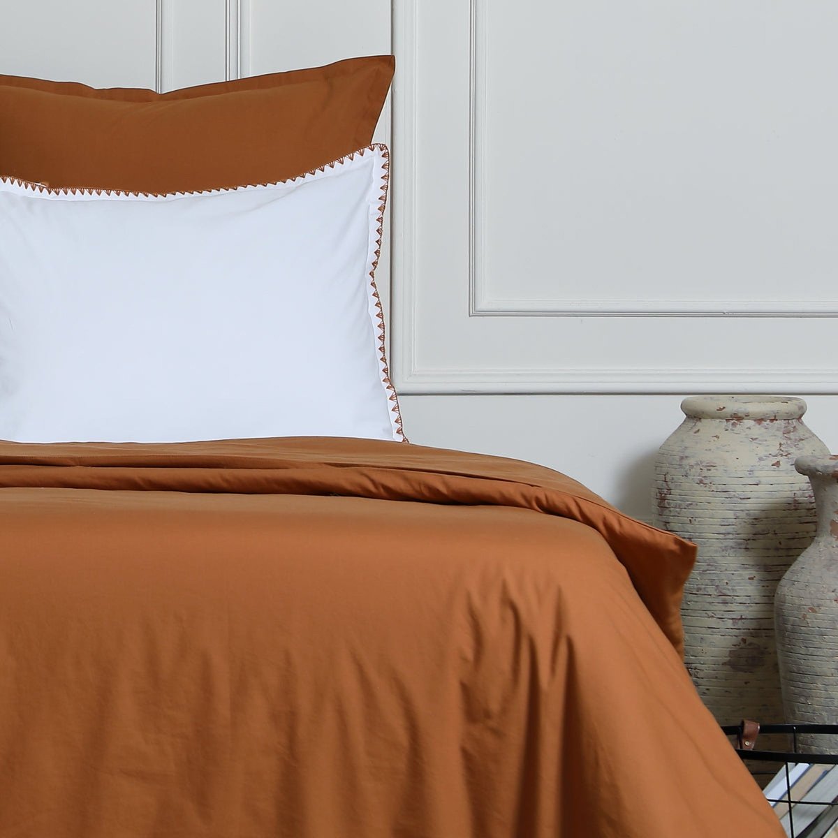 Taie d'oreiller (x2) percale de coton ZOÉ blanc / caramel, FEBRONIE