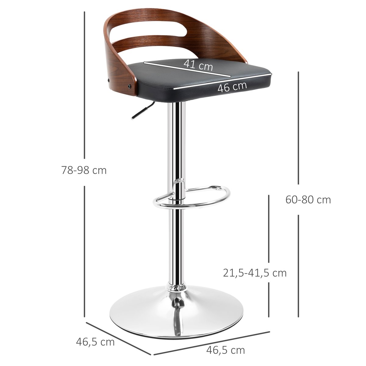 Tabouret de bar revêtement synthétique PU noir, aspect bois, chrome, HOMCOM