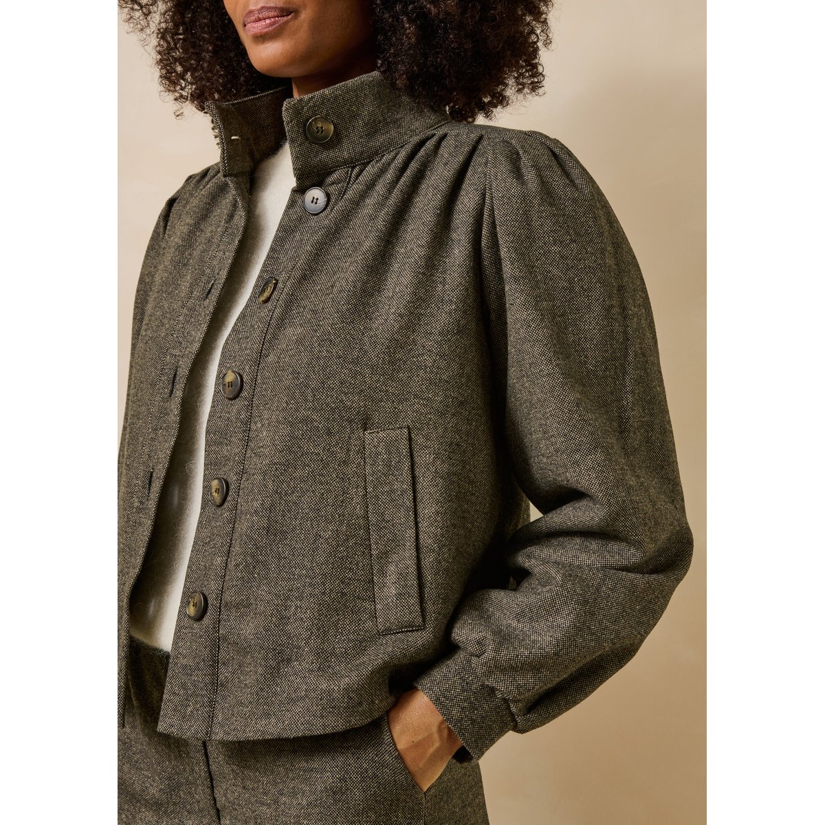 Veste en tweed manches longues col montant ecorce, LA FEE MARABOUTEE