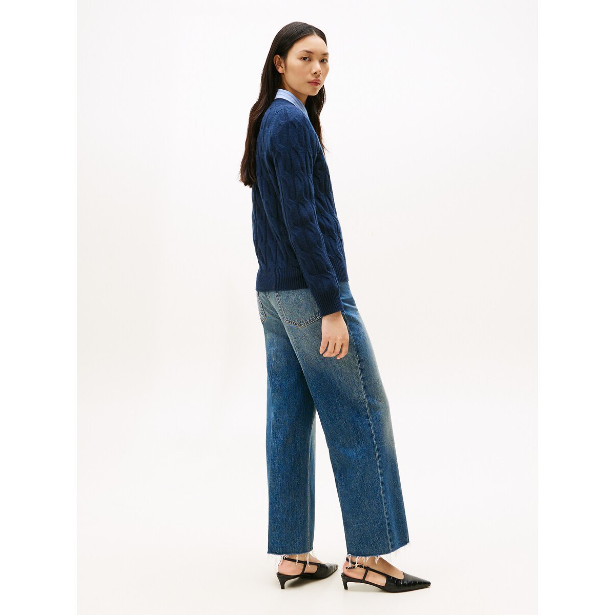 Wool Crew Neck Jumper in Cable Knit navy, TOMMY HILFIGER