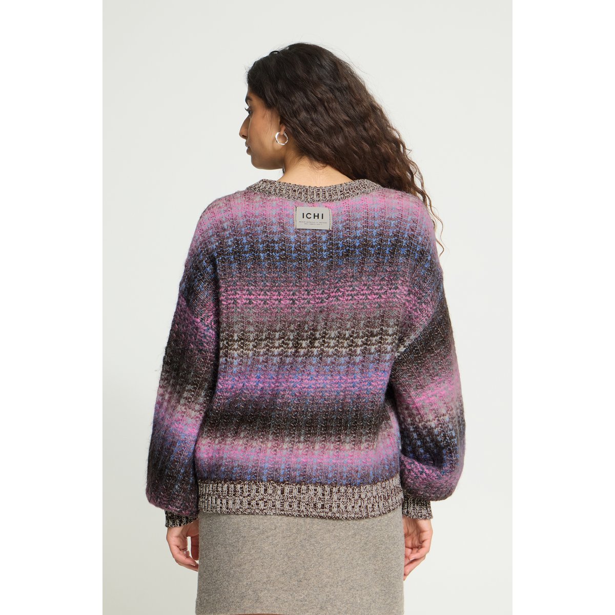 Pull en maille manches longues rose bleu marron pink blue brown mix, ICHI