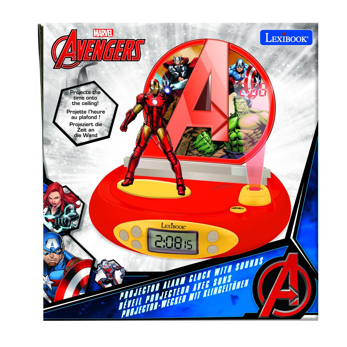 Réveil Projecteur Avengers avec Iron Man en 3D rouge, LEXIBOOK