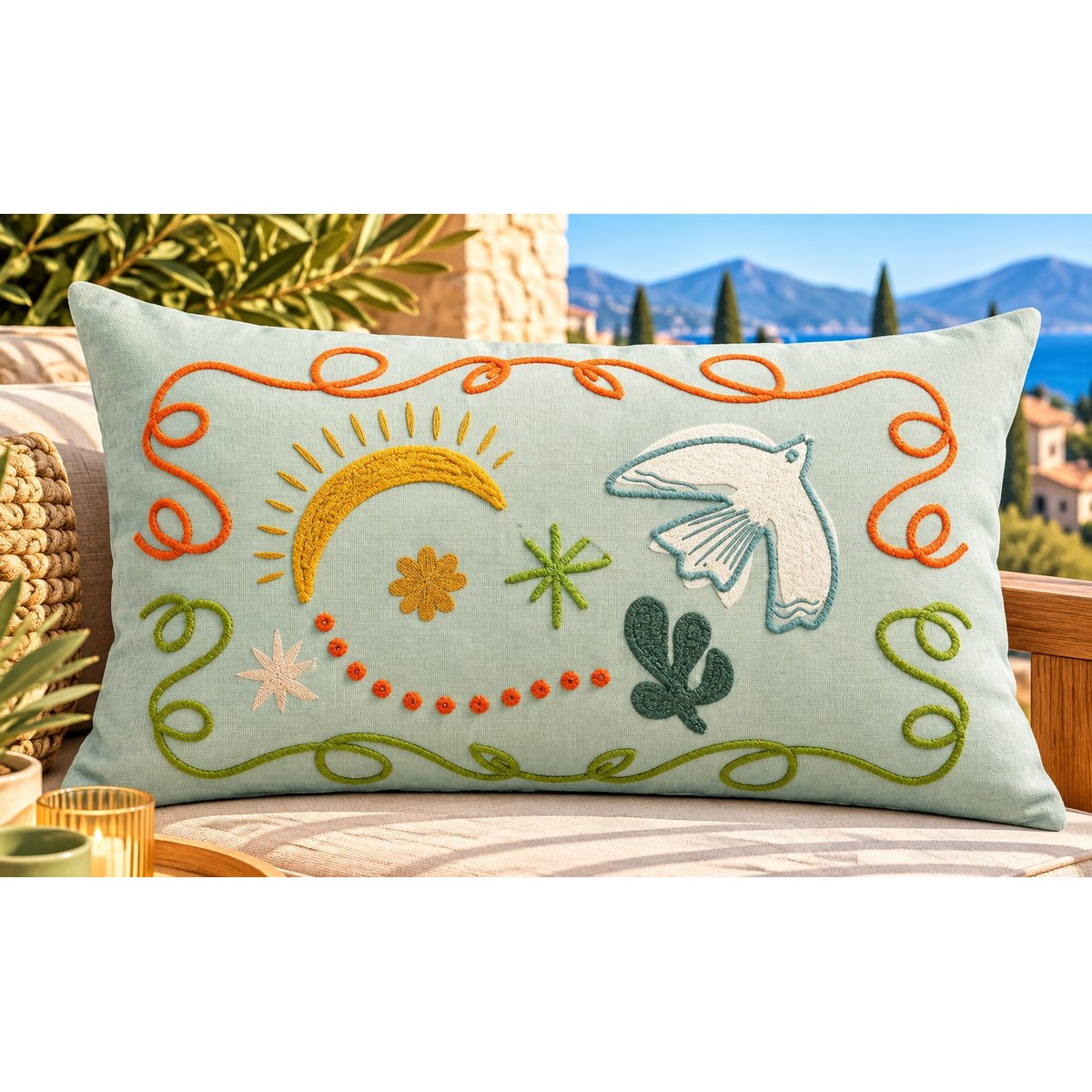 Coussin brodé Esquisse Boréale ciel, EDEN