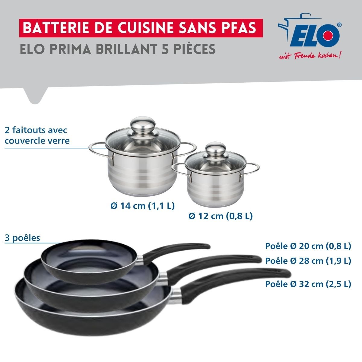 Batterie 3 poêles 20/28/32cm + 2 faitouts 12/14cm PRIMA BRILLANT noir, ELO