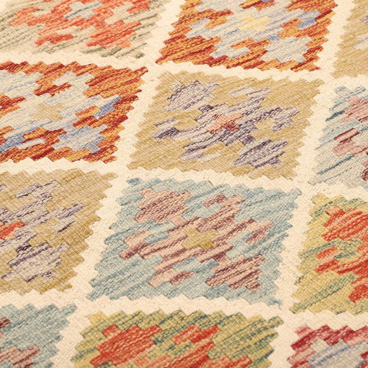 Tapis kilim ethnique, tissé à plat en laine, authentique KILIM 50 multicolore, bleu, orange, UN AMOUR DE TAPIS