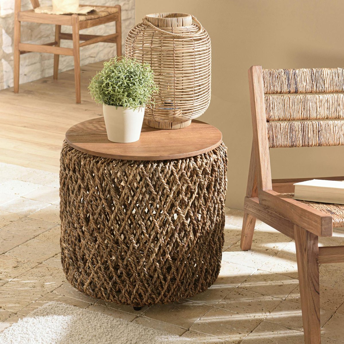 Table d'appoint ronde 49 cm fibre de coco et bois recyclé SWING bois naturel, PIER IMPORT