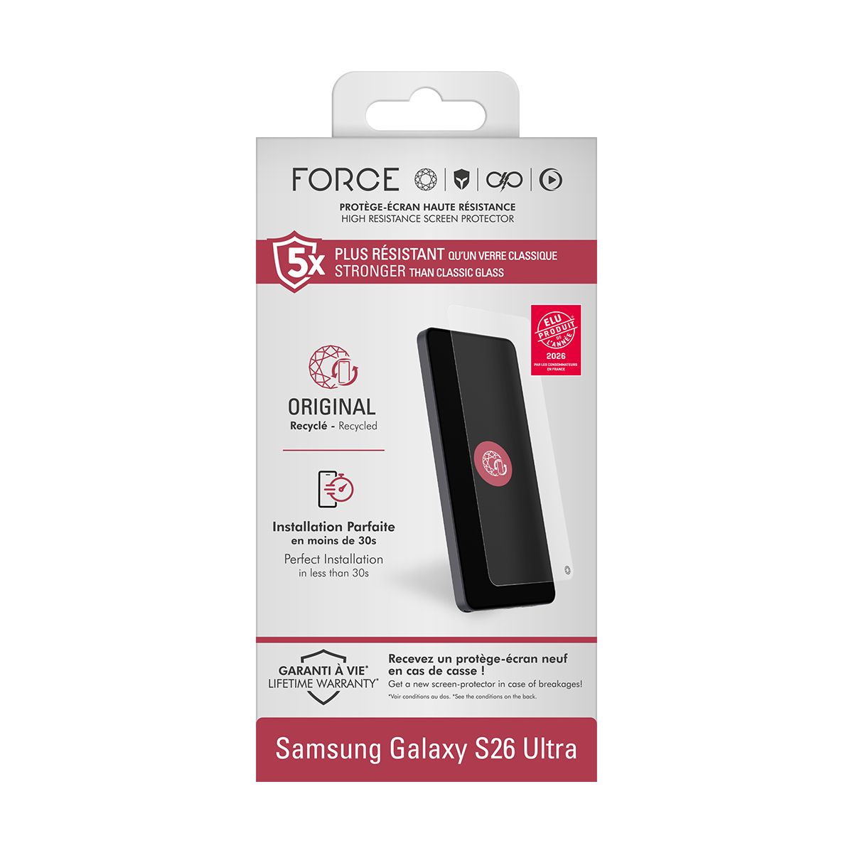 Protège écran original pour S26 Ultra GRS couleur unique, FORCE GLASS