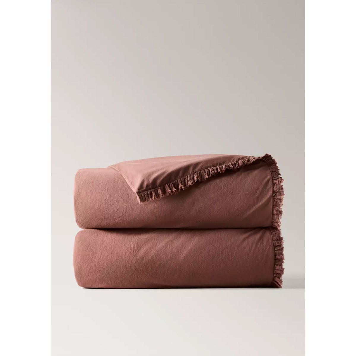 Housse de couette coton lavé volant en gaze effiloché lit 150/160 cm rose géranium, MANGO HOME
