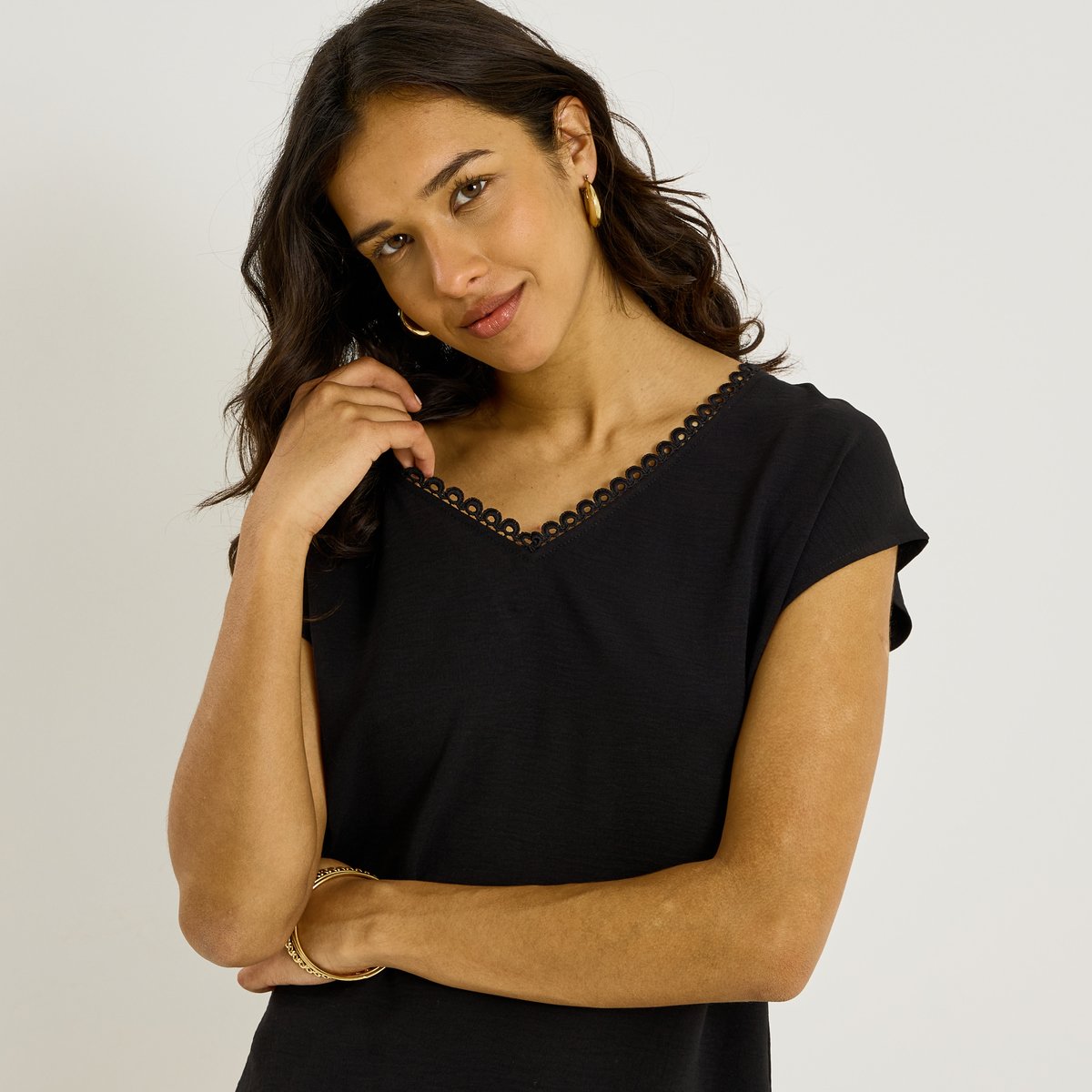 Blouse unie détails ajourés noir, GRAIN DE MALICE
