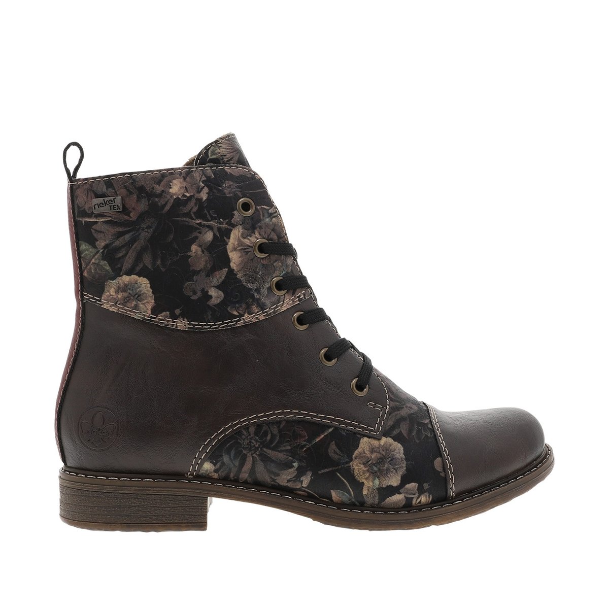 Bottines marron à talon plat ornées d'un empiècement à motif floral marron, RIEKER
