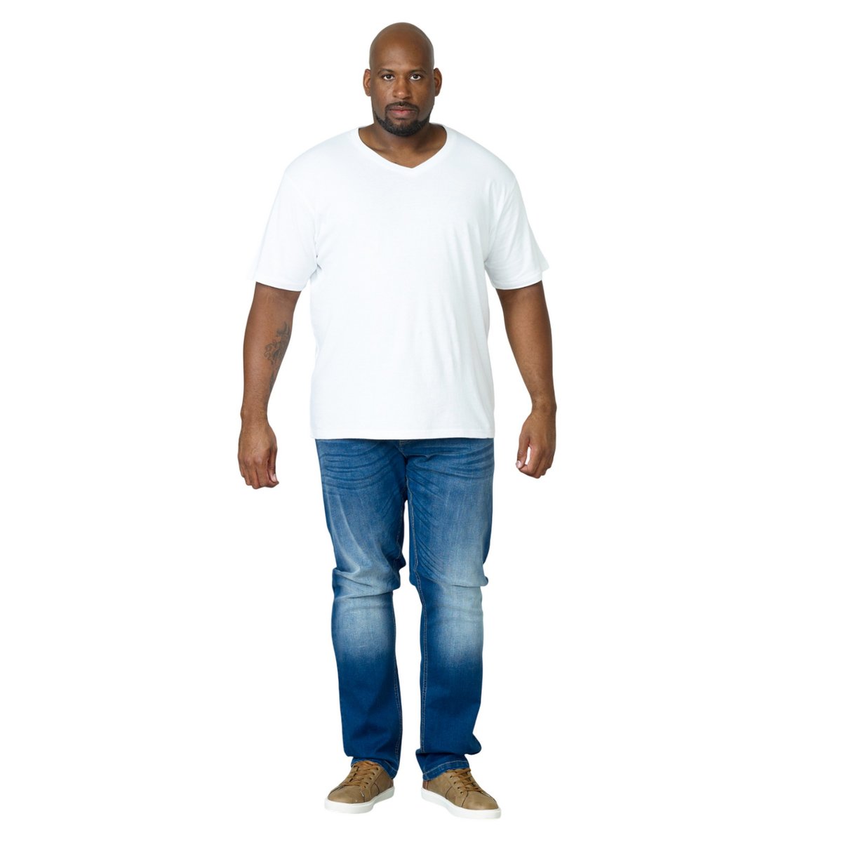 T-shirt col V en coton grande taille SIGNATURE bleu marine, DUKE